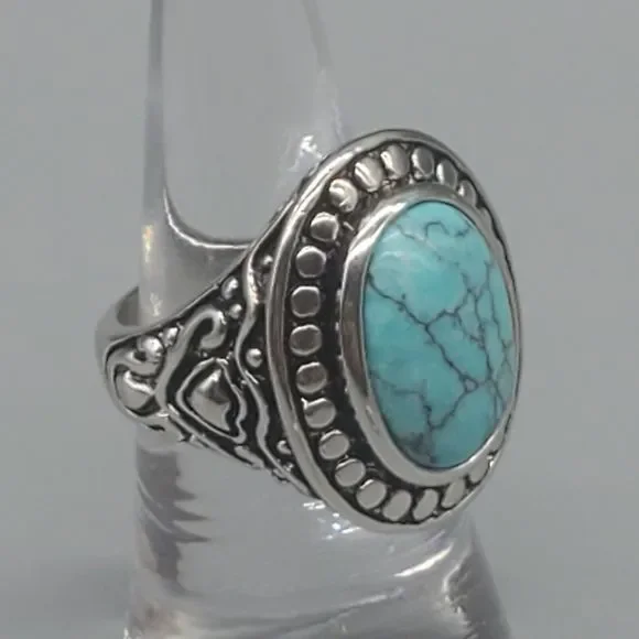 Southwest Style Ring Silver Tone Studded Blue Center Boho size 6.75 - Picture 5 of 8